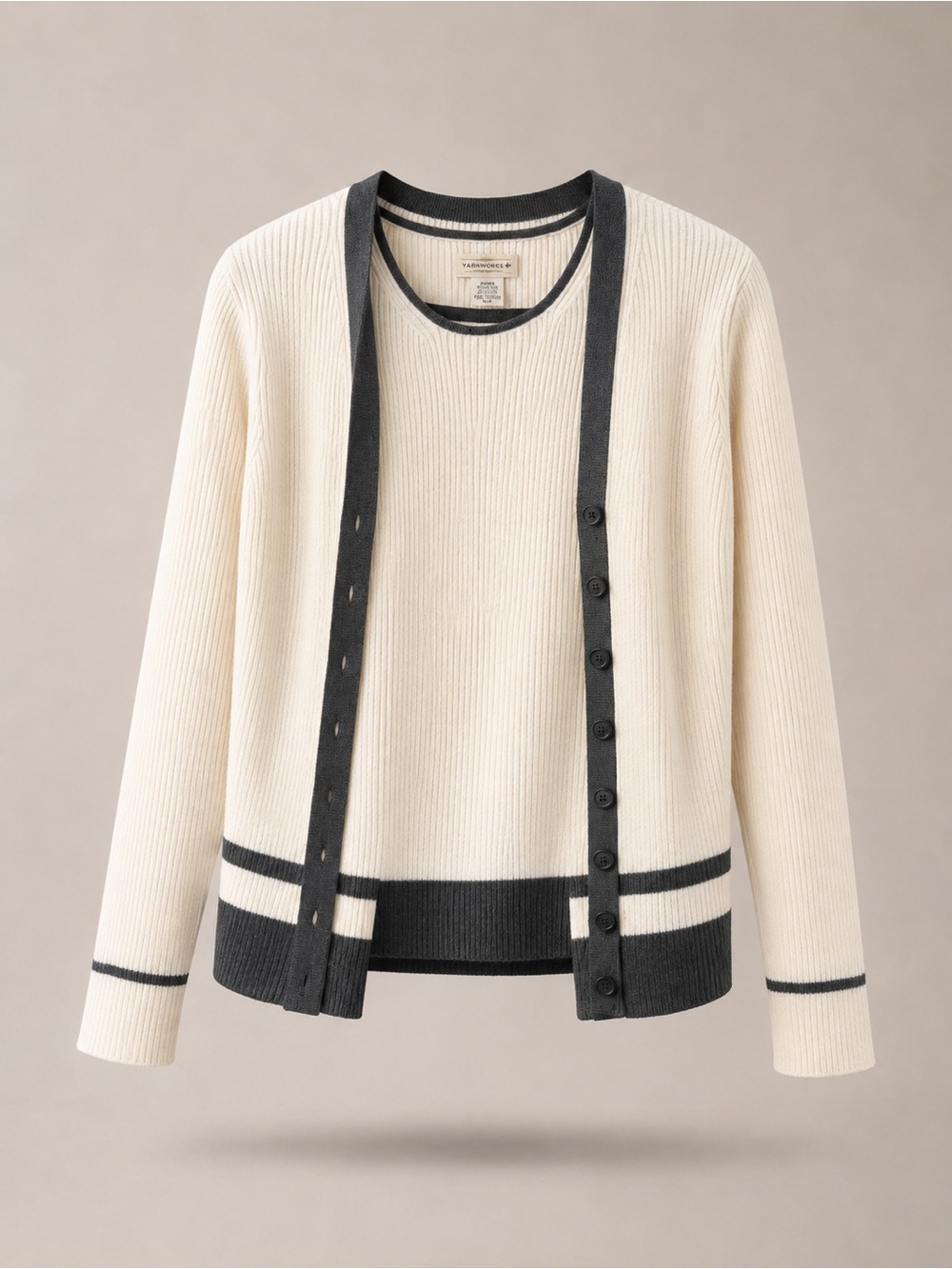 Cream Cardigan with Black Trim - Women's Knit Button Cardigan